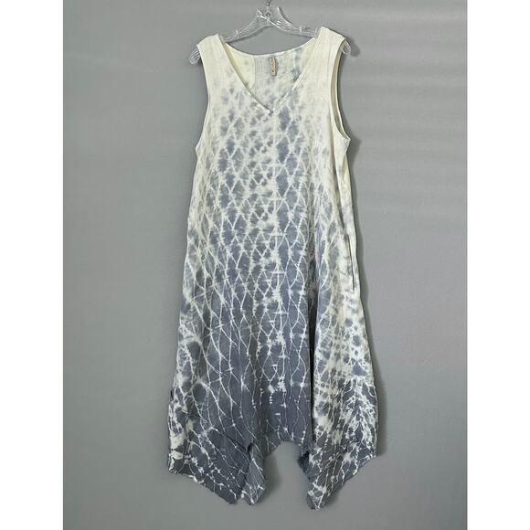 XCVI Linen Sleeveless Tie-dye Lagenlook Blue Maxi Dress Handkerchief Hem Sz Med